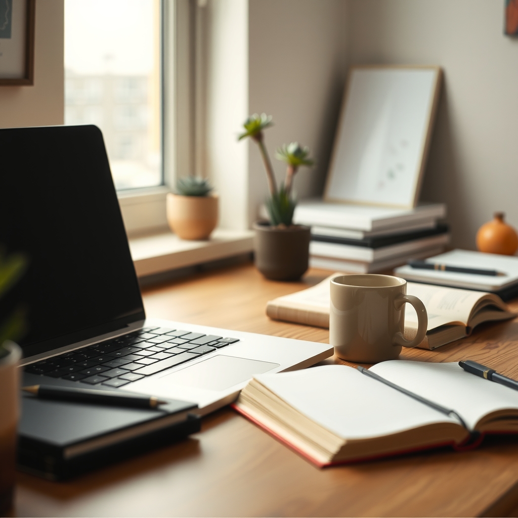 A tidy home office desk with a laptop, a small succulent plant, and a ceramic mug, warm afternoon light through a window, no screens or writing visible, clean and calm atmosphere