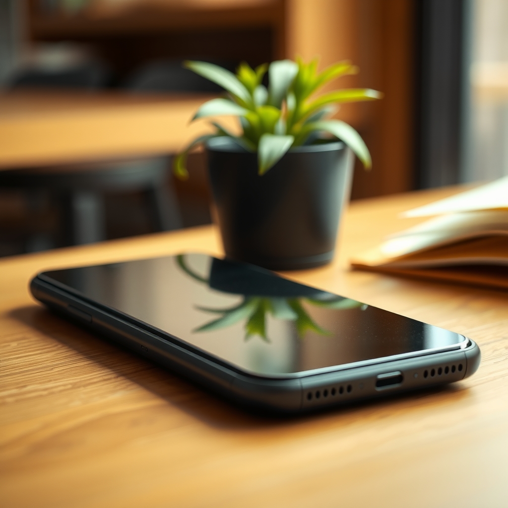 Close-up of a smartphone resting on a wooden surface face up, a single potted plant blurred in the background, warm light, no screen content visible