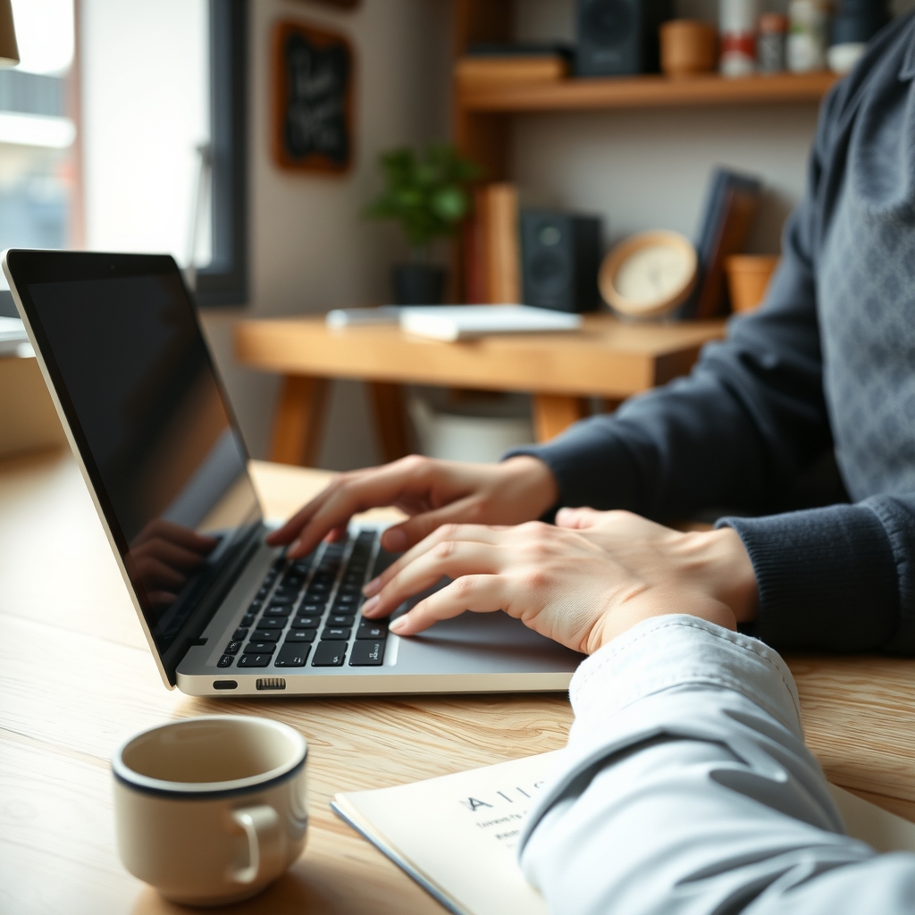 A pair of hands resting on an open laptop on a light wood desk, a small ceramic cup nearby, soft window light, relaxed posture, no screen or text visible