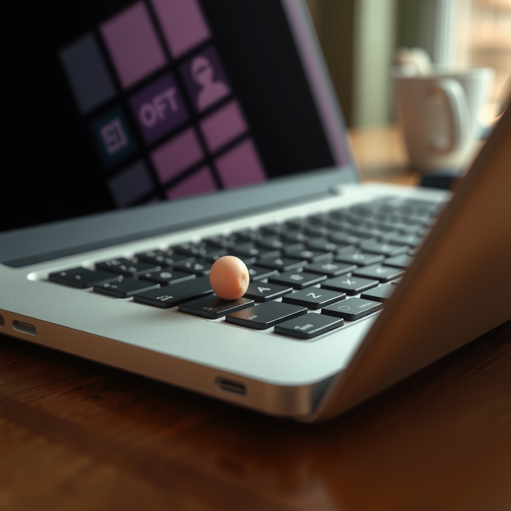 Close-up of a laptop keyboard on a wooden desk, a single finger resting on the keys, warm natural side light, no screen visible