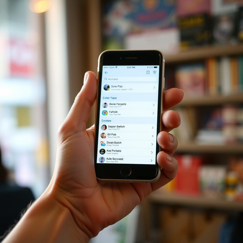 A hand holding a smartphone showing a browser search bar, finger hovering near the screen, warm indoor light, close crop