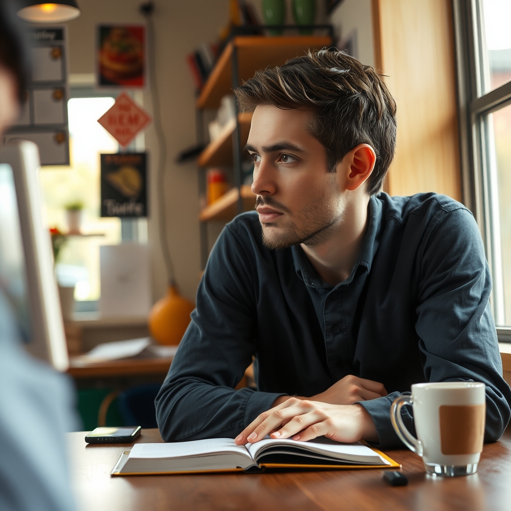 A small business owner at a tidy wooden desk with a laptop and a notepad, focused expression, morning light from a nearby window, coffee cup to the side