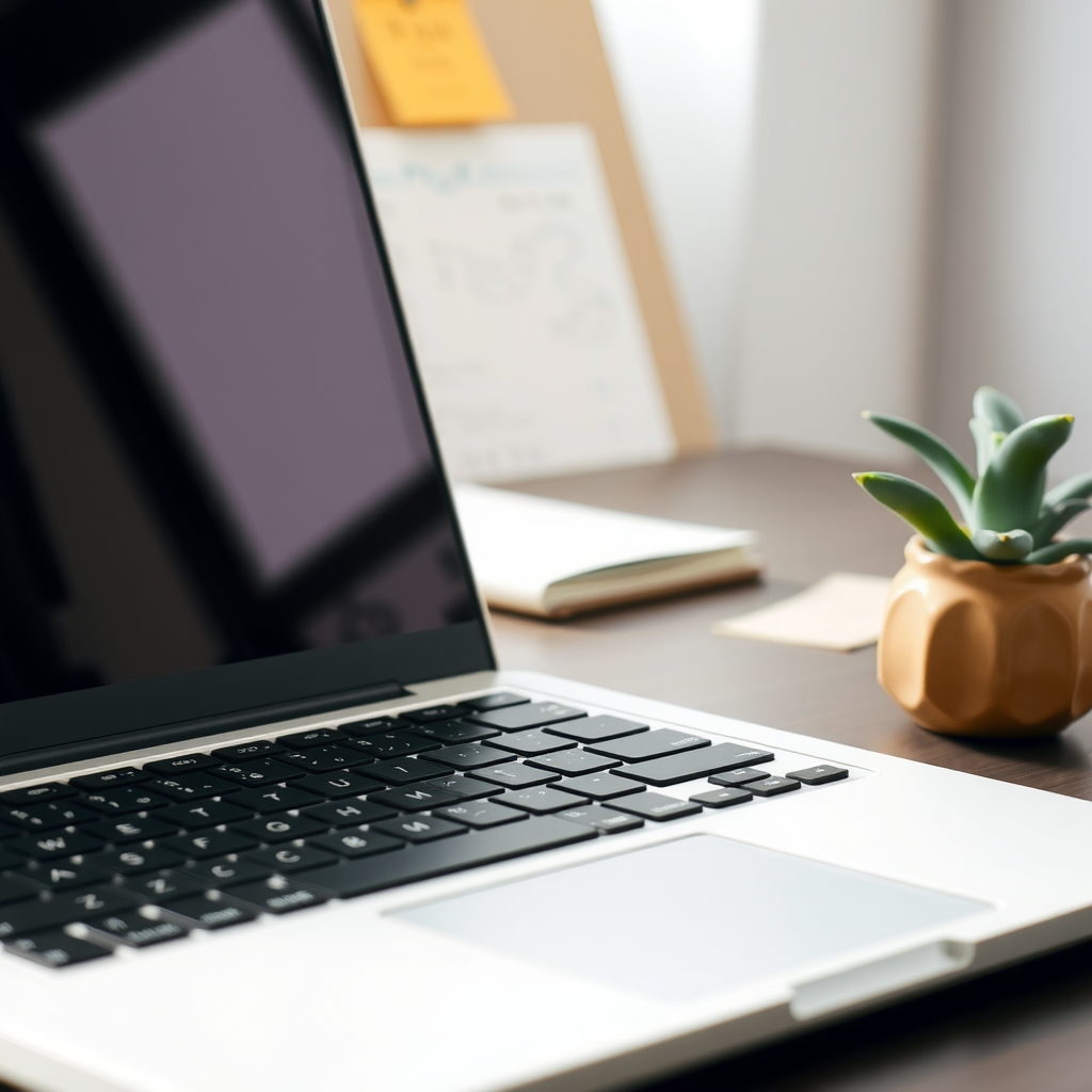 Close-up of a laptop keyboard with a small potted plant to the right and a ceramic coffee cup to the left, clean desk surface, soft natural light, no screen or text visible